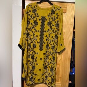 Pakistani Yellow Dress with Black Floral Embroidery
